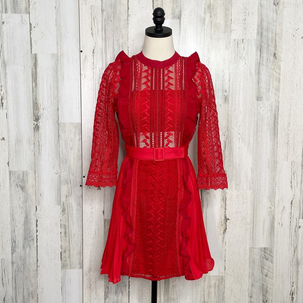 NWT Self-Portrait Red Geometric Lace Dress Guipure Crochet Preppy Twee Size 2 - Picture 4 of 16